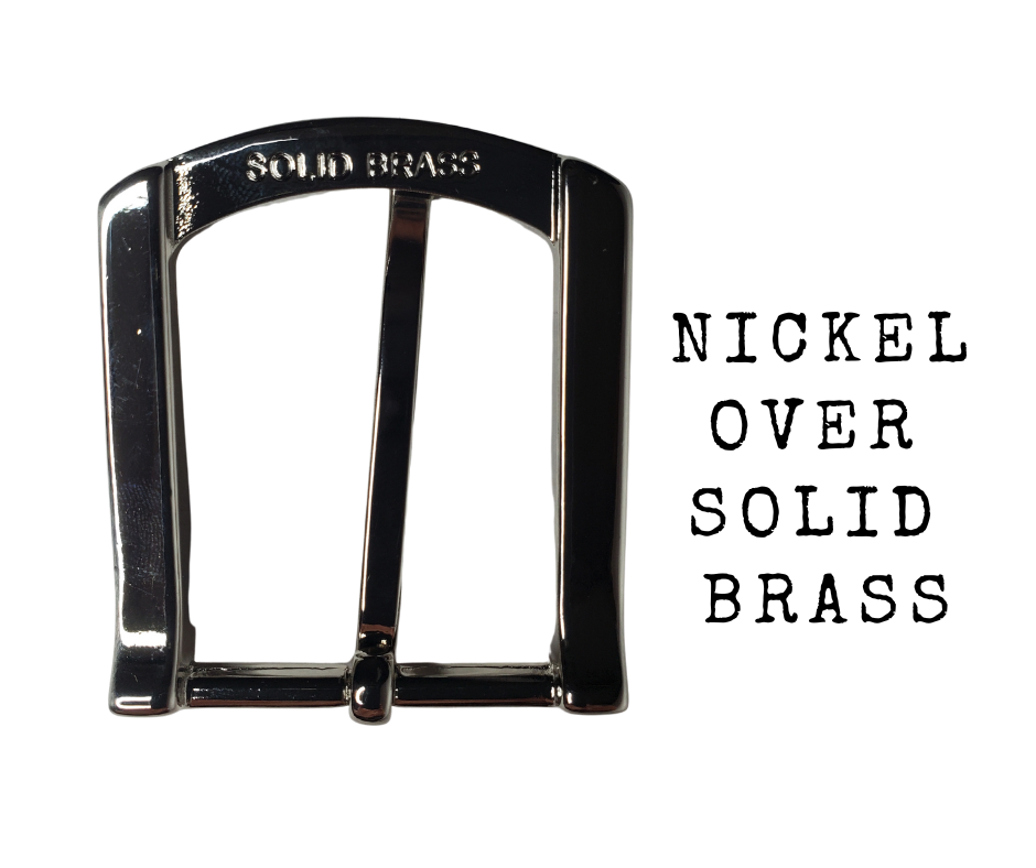 If you need a upgrade for your current belt or want a different look we have a selection of what we call Basic buckles. . Stop in our shop in Smyrna, TN, just outside of Nashville.  This has a great casual look.  Choose 1 1/4", 1 1/2"  Brushed Nickel, Heel Bar Buckle, Solid Brass, Low Lead Brass