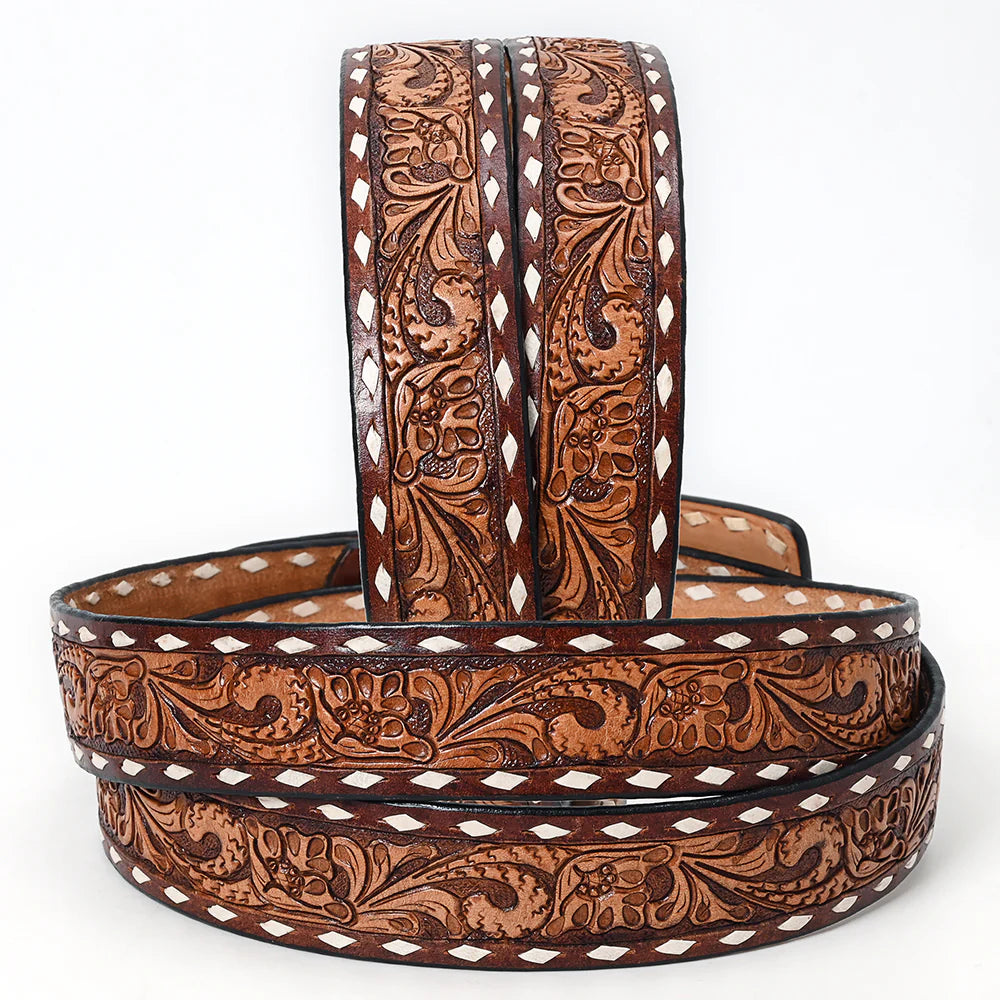 This all veg-tan Leather belt boasts a traditional saddle style floral design complete with White buck lacing down the edge. The design is colored in a classic brown edge and natural center. The Matching leather belt buckle can be easily removed and changed thanks to the screw post closure. Whether you choose to shop online or visit our Smyrna, TN store, not far from Famous downtown Nashville. Imported.