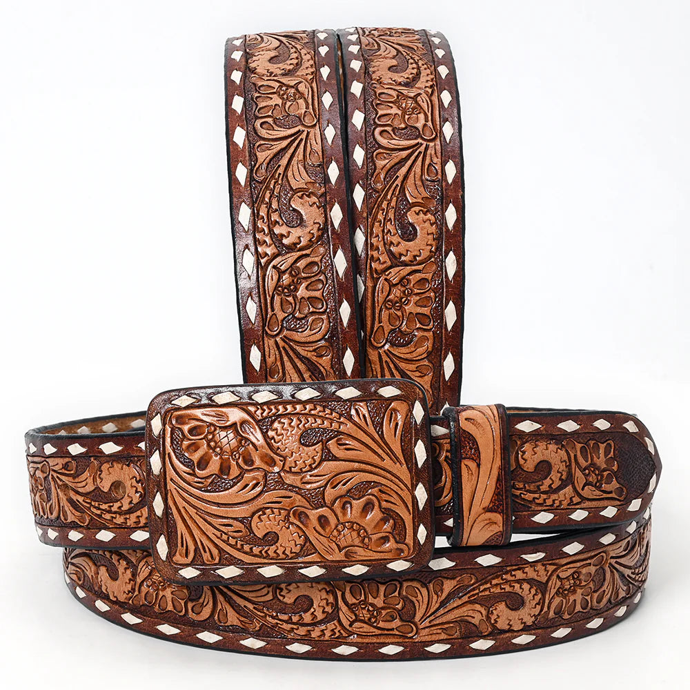 This all veg-tan Leather belt boasts a traditional saddle style floral design complete with White buck lacing down the edge. The design is colored in a classic brown edge and natural center. The Matching leather belt buckle can be easily removed and changed thanks to the screw post closure. Whether you choose to shop online or visit our Smyrna, TN store, not far from Famous downtown Nashville. Imported.