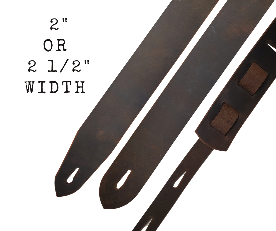 Lower Broadway where so many get their start in the Nashville! Long shifts where you hone your craft and meet players from all backgrounds. "This Basic 2" or 2 1/2" wide Guitar Strap is a nod to those playing in the Honky Tonks. The strap is approx. 1/8" thick Water Buffalo that will after a few gigs will look like your favorite old boots. The classic adjustment style goes from approx. 42" to 56". Made just outside Nashville in our Smyrna, TN. shop. 