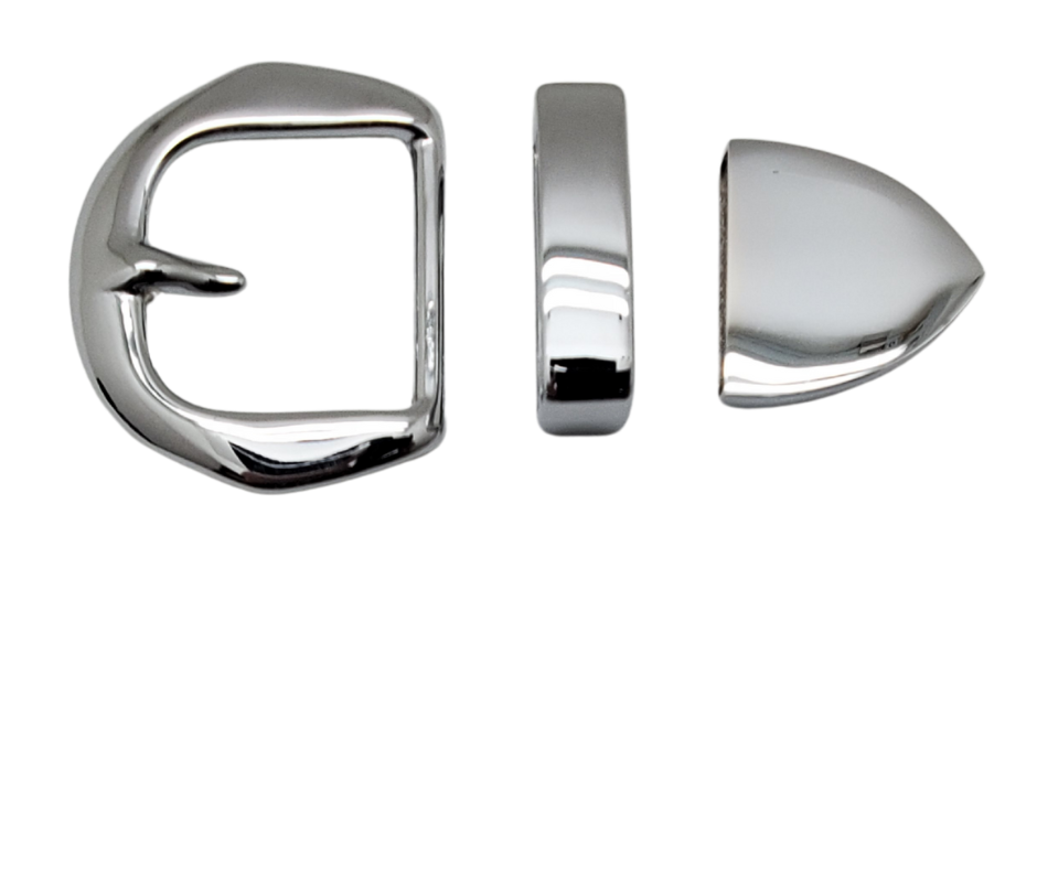Solid Brass buckle set, Antique Nickel, Chrome Plated;
1 1/4" or 1 1/2" width
Tip with screw attachment
Includes buckle, keeper. and tip