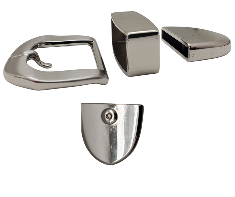 Solid Brass buckle set, Antique Nickel, Chrome Plated 
1 1/4" or 1 1/2" width
Tip with screw attachment
Includes buckle, keeper. and tip