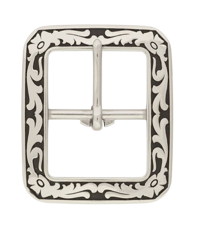 If you need a upgrade for your current belt or want a different look we have a selection of what we call Basic buckles. Stop in our shop in Smyrna, TN, just outside of Nashville. This is a Center bar style with a Western attitude.   Color - Stainless Steel w/ blk accents ,1 1/2" width
