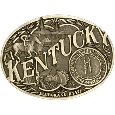 A bronze cast Montana Silversmiths buckle with significant figures of Kentucky's history within its oval shape including the seal of Kentucky. This buckle celebrates the Kentucky history, spirit and pride. It's size is approx. 4" across x 3" tall and fits 1 1/2" belts. Available at our Smyrna, TN just a short drive from downtown Nashville.