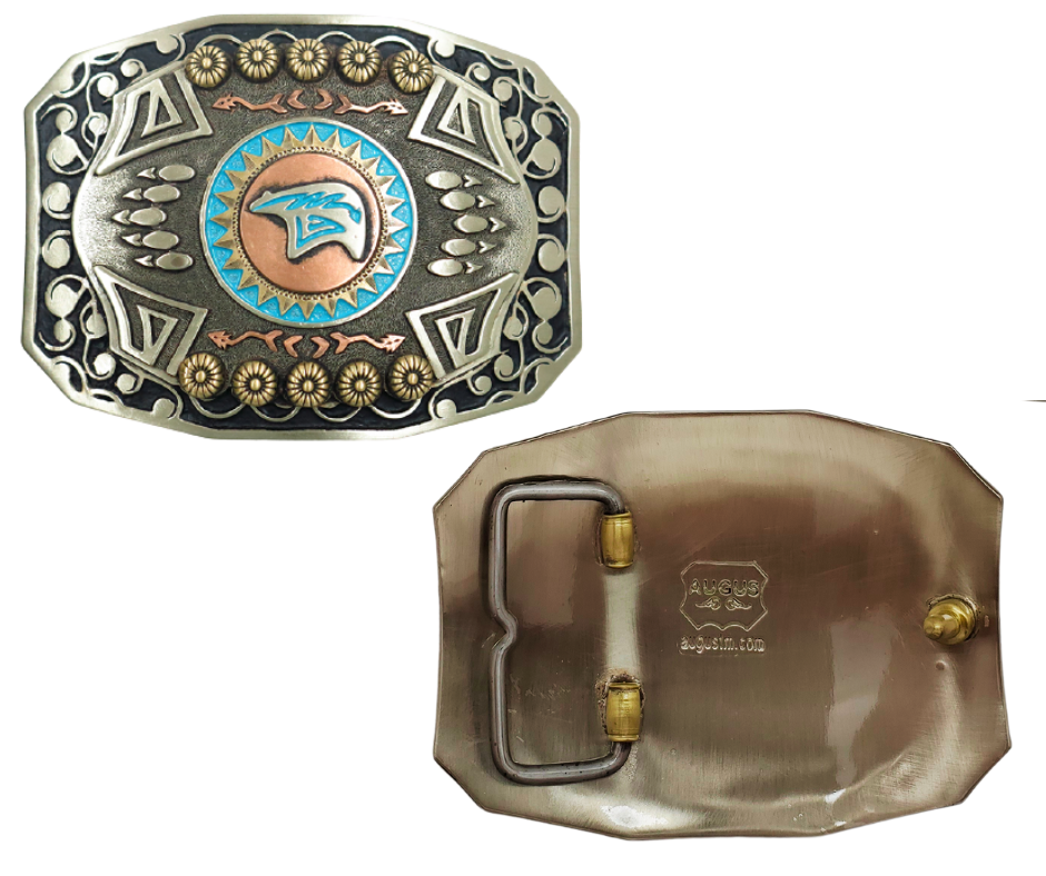 The Mukwa in Ojibwa means bear and strength. This buckle is handmade from German Silver (nickel and brass alloy) or iron metal base. Our products are all handcrafted. In order to give you the quality and long lasting final product we also plate each piece with copper, nickel and silver.  to ensure the piece's long lasting qualities. Available at our Smyrna, TN shop just outside of Nashville. Made in Mexico by talented metal workers. 
