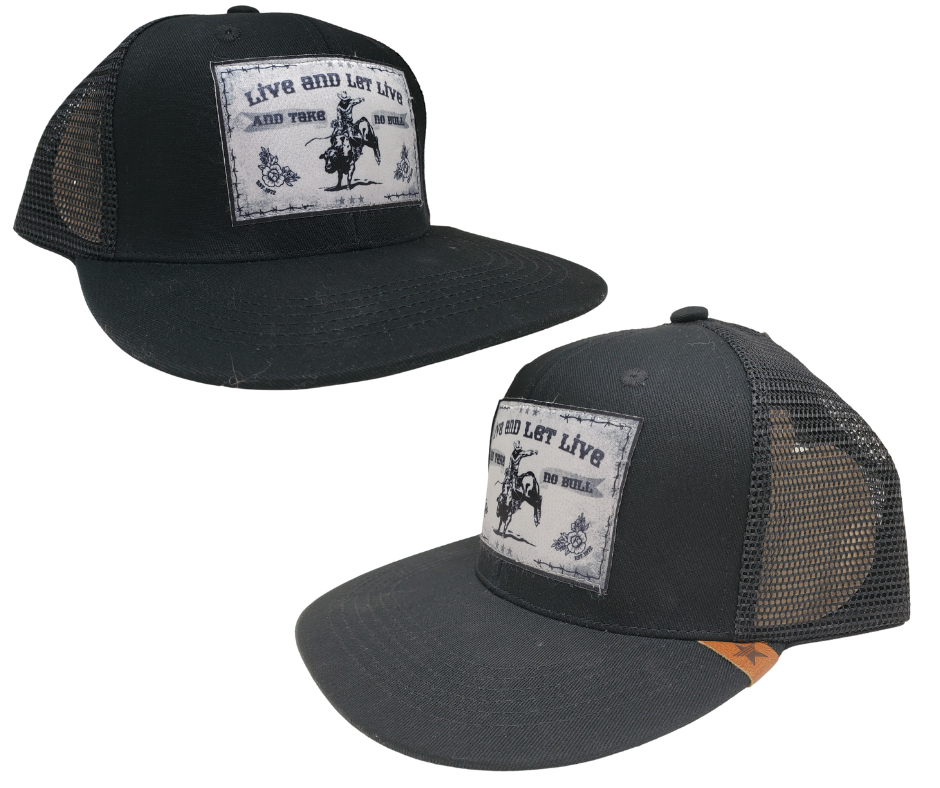 If your a Rodeo fan you won't any Bull! Let this hat say what you believe. Black twill with "Live and Let Live" Take No Bull patch in the front. Adjustable snap back. Available at our shop just outside Nashville in Smyrna, TN.