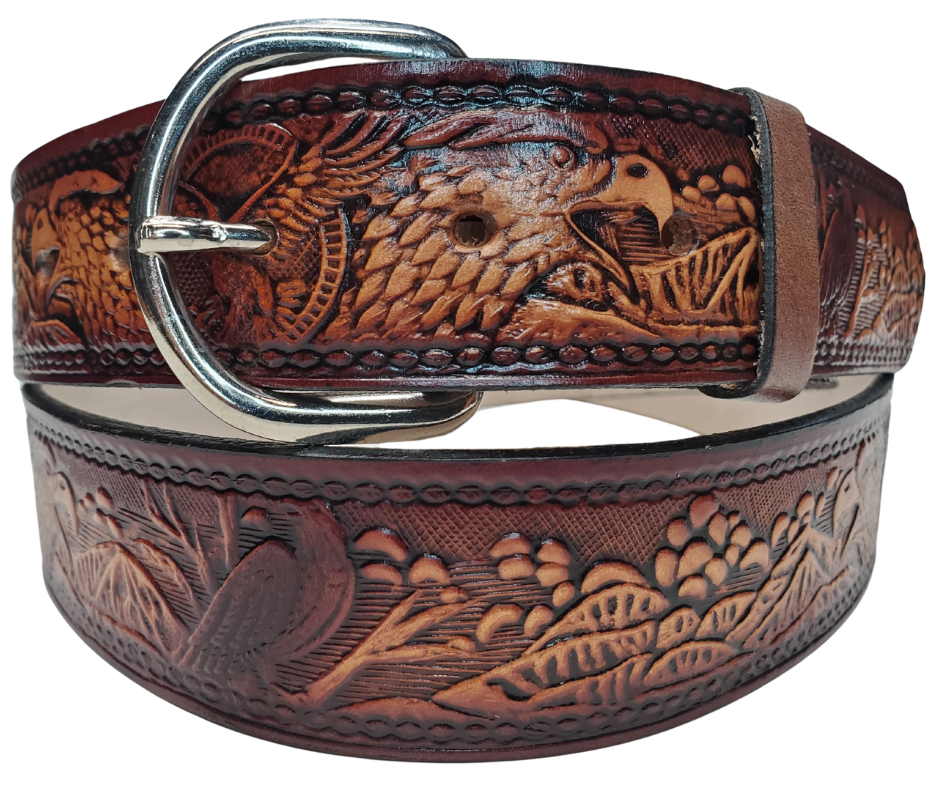 This All American Eagle leather belt features Wild Eagles in an antiqued Brown finish with a 1 1/2" width. It is crafted from full grain veg-tanned cowhide, with smooth burnished painted edges and a nickel-plated buckle & The buckle can be easily interchanged as well. This product is in stock at our Smyrna, TN shop.