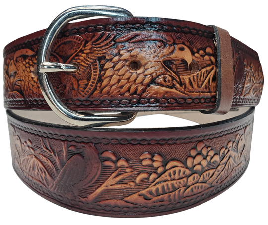 This All American Eagle leather belt features Wild Eagles in an antiqued Brown finish with a 1 1/2" width. It is crafted from full grain veg-tanned cowhide, with smooth burnished painted edges and a nickel-plated buckle & The buckle can be easily interchanged as well. This product is in stock at our Smyrna, TN shop.
