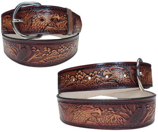 This All American Eagle leather belt features Wild Eagles in an antiqued Brown finish with a 1 1/2" width. It is crafted from full grain veg-tanned cowhide, with smooth burnished painted edges and a nickel-plated buckle & The buckle can be easily interchanged as well. This product is in stock at our Smyrna, TN shop.
