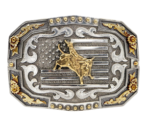 This stylish, oval-shaped buckle features an all-American designs of bullriding motif and a bold USA flag background. It has an antique silver finish with gold accents, giving it a handmade look. Measuring 2 3/4" in height by 3 3/4" in width, it is suitable for belts up to 1 1/2" wide. You can buy it online or in our Smyrna, TN store near Nashville. Proudly made in Mexico.