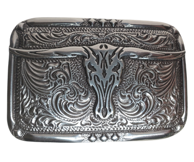 This rectangle buckle by Nocona adds a little southwestern flair with a Longhorn in the center. It stands out with its antique silver color and classic scroll design. Measuring 2" tall, 3" wide and fitting belts up to 1 1/2", this little beauty's available in our Smyrna, TN shop (just outside Nashville) and online! Imported.
