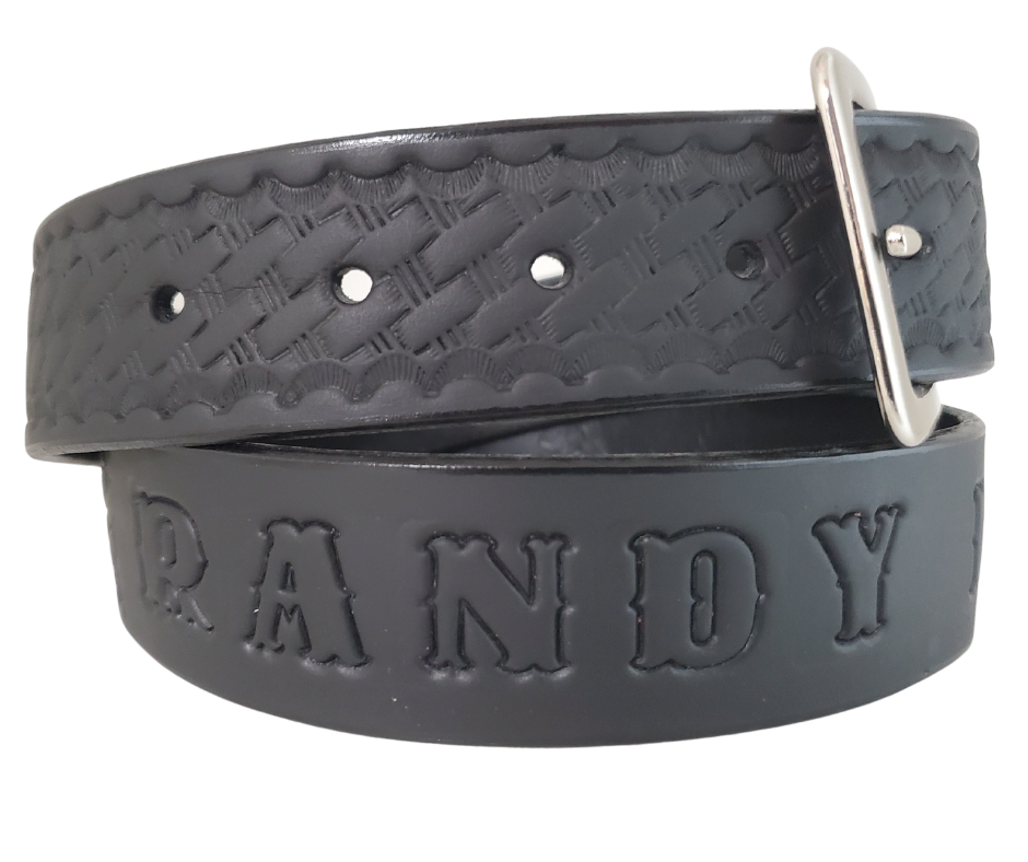 This handmade, real leather belt is made from Veg-Tan shoulder cow leather.  It is 9-10 oz. or approximately 1/8" thick and is 1 1/2" wide. It has smoothed and finished edges and basket weave design is embossed on surface.  Choose from 5 color options. The antique nickel plated solid brass buckle snaps in place. Made in our shop just outside Nashville in Smyrna, TN.