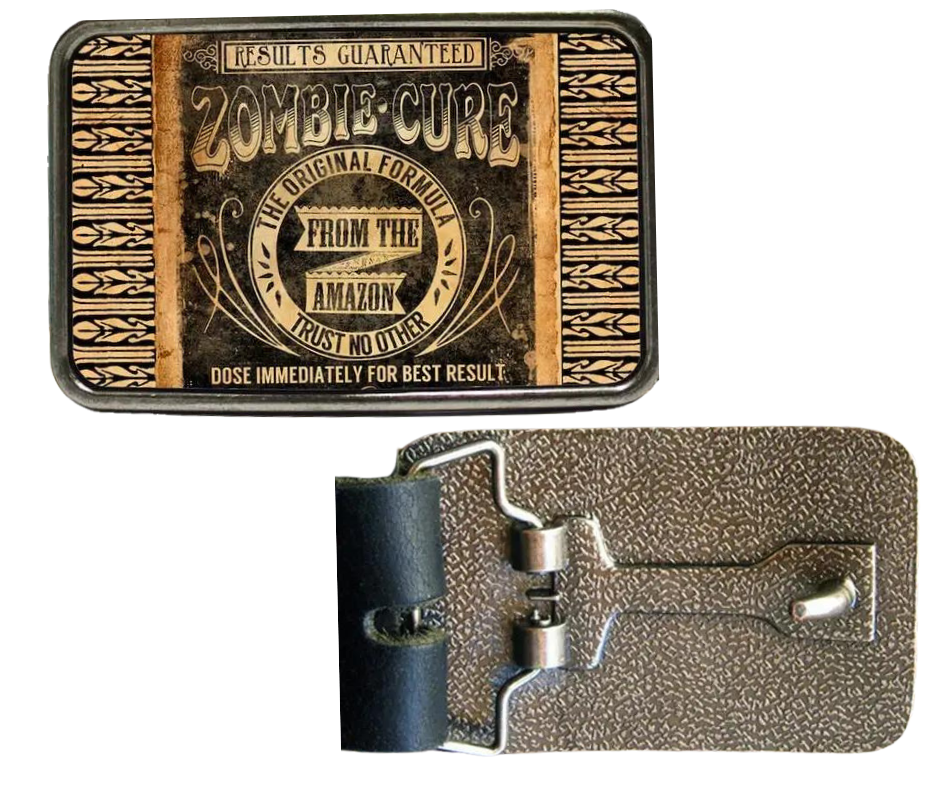 The Zombie Cure is one of most unique belt buckles that are completely metal (image area too) and are made to be durable and lasting! Lots of details in the image and slightly smaller than most of our buckle selection. Available at our Smyrna, TN shop a short ride from downtown Nashville.
Belt Buckle Measures: -3"x2"
Fits any snap belt up to 1 1/2"
Listing is for the belt buckle only & does not include a belt strap.
