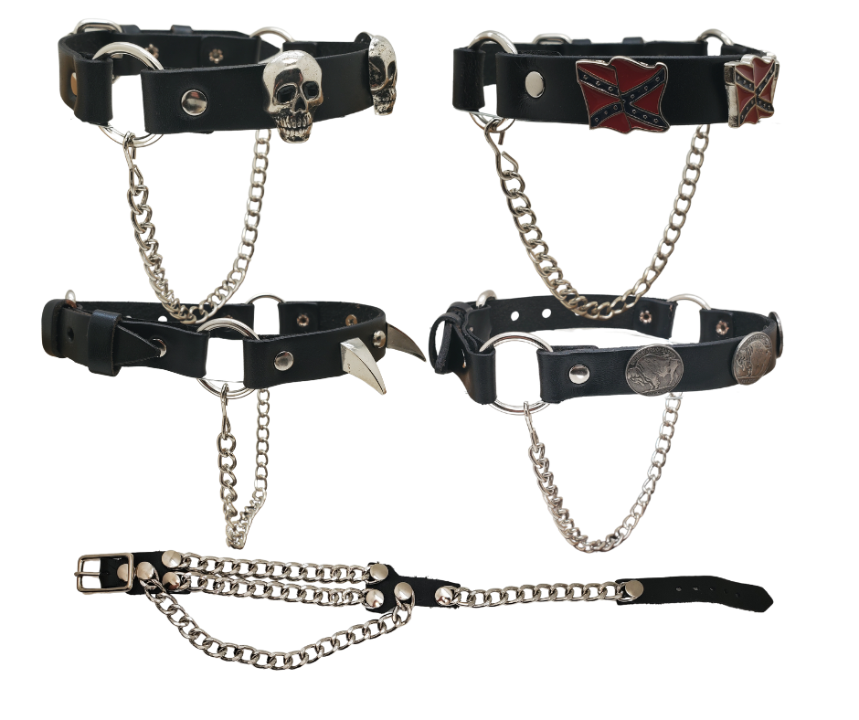 Rock up your boot game with Leather Boot Chains! Choose your favorite concho or rock all chains. Bring out your inner risk-taker, with a look that looks back to the wild "Dead or Alive" hair days of MTV. The black leather straps are held together by 2 rings and 3 conchos on top, while a chrome chain adds boldness to the sole. Perfect for most WESTERN style boots, these chains aren't meant for heavy work boots. Find them at our local shop in Smyrna, TN, just a short drive from Nashville! Sold by pairs.