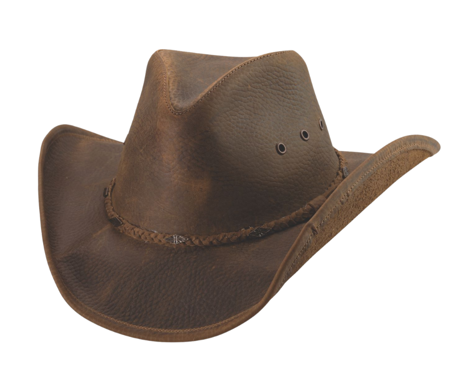 Experience the rugged charm of the West with our top-quality Distressed Brown leather Western hat. The 3 3/8" brim can be easily shaped thanks to the metal wire sewn into the edge. Plus, the classic pinched crown is adorned with small southwestern-inspired conchos on the hat band. Come visit our retail shop in Smyrna, TN, near Nashville, to purchase this timeless piece. Top grain leather Brim 3 3/8" Sizes   S - M - L - XL