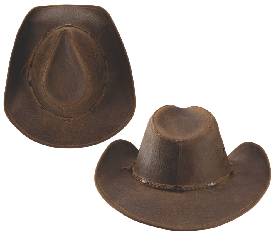 Experience the rugged charm of the West with our top-quality Distressed Brown leather Western hat. The 3 3/8" brim can be easily shaped thanks to the metal wire sewn into the edge. Plus, the classic pinched crown is adorned with small southwestern-inspired conchos on the hat band. Come visit our retail shop in Smyrna, TN, near Nashville, to purchase this timeless piece. Top grain leather Brim 3 3/8" Sizes   S - M - L - XL