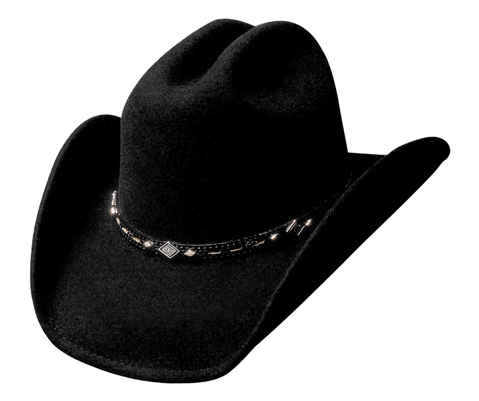 This Black Cattlemen shaped hat is a wool felt hat and features a 3 7/8" brim. The 1/2" band small lacing and small Diamond conchos in between.  It's a staple style in the world of western hats. It's available for purchase at our retail shop in Smyrna, TN, just outside of Nashville. Sizes S,M,L,XL