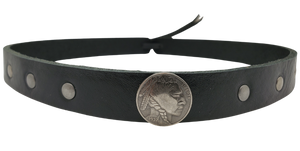 What's more classic than a the Buffalo/Indian head Nickel? Our 1<em><strong> Buffalo Nickel framed with 3 rivets</strong></em> on each side. The hatband is 3/4" wide by 23" (without tie string). Available in black or Distressed brown, pick one or a few. Fit's most any hat with adjustable bead and leather 1/8" string. Will fit most TOP HAT style and WESTERN crowned hats. Made in our Smyrna Tn. shop.