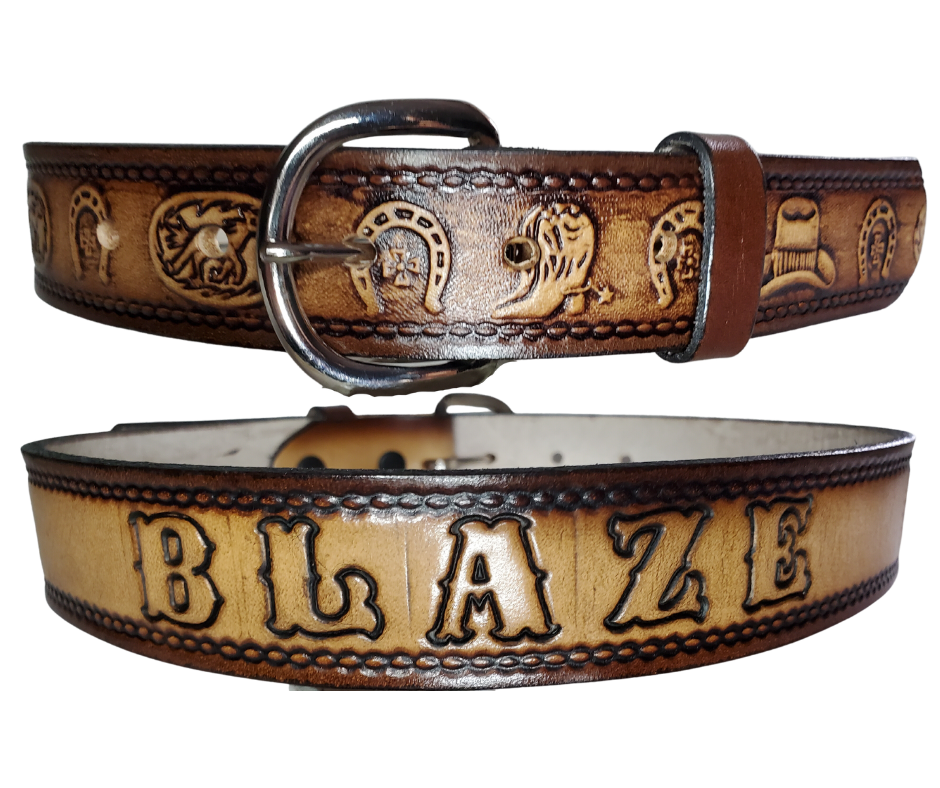This leather belt showcases artwork of boots, horseshoes, and a hat, and is a fashionable addition to any wardrobe. The metal buckle is removeable, making it easy to customize your buckle. Stocked in our Tennessee location, you can get it quickly with our Quick Ship option.