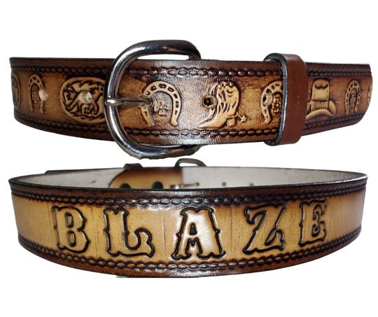 This leather belt showcases artwork of boots, horseshoes, and a hat, and is a fashionable addition to any wardrobe. The metal buckle is removeable, making it easy to customize your buckle. Stocked in our Tennessee location, you can get it quickly with our Quick Ship option.
