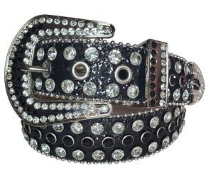 Be the Bling Queen! This NON leather belt appeals to the woman who loves all the attention. The buckle and the belt are BLINGED to the MAX!  It's 1 1/2" wide and has EYELETS for the adjustment holes to help with longevity.  Available in our Smyrna, TN shop. Imported. 