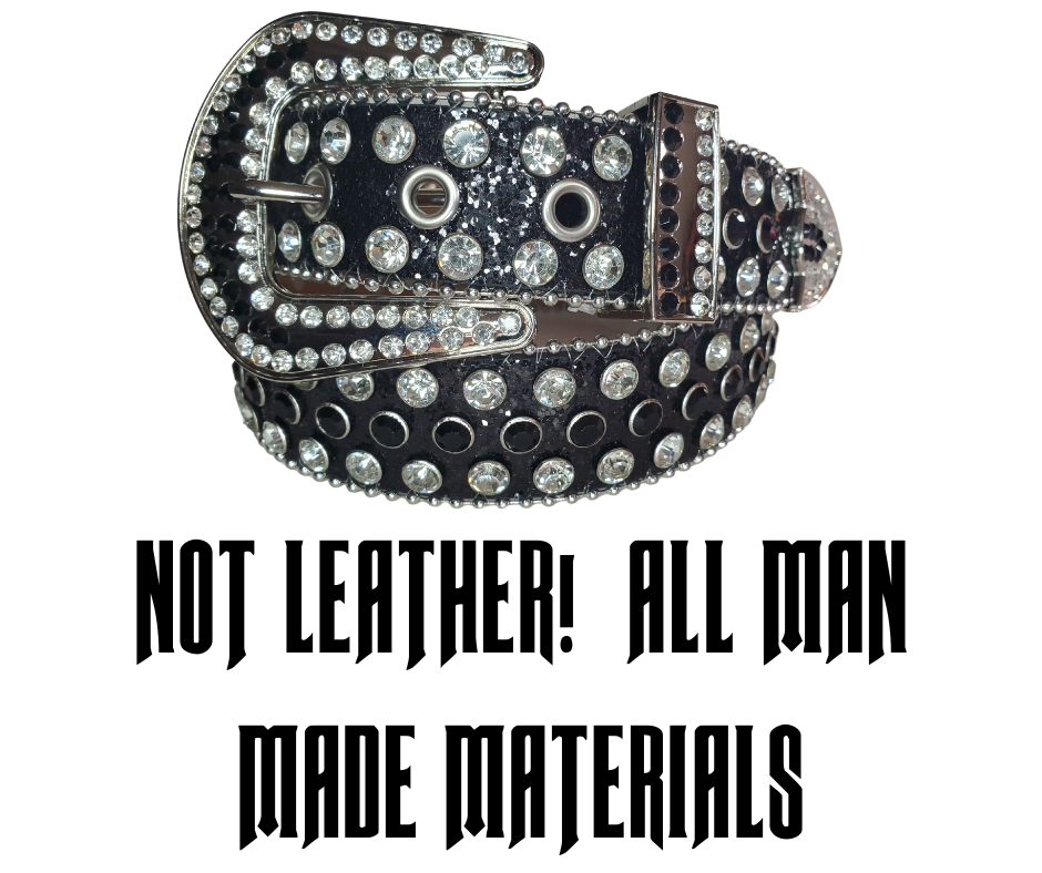 Be the Bling Queen! This NON leather belt appeals to the woman who loves all the attention. The buckle and the belt are BLINGED to the MAX!  It's 1 1/2" wide and has EYELETS for the adjustment holes to help with longevity.  Available in our Smyrna, TN shop. Imported.