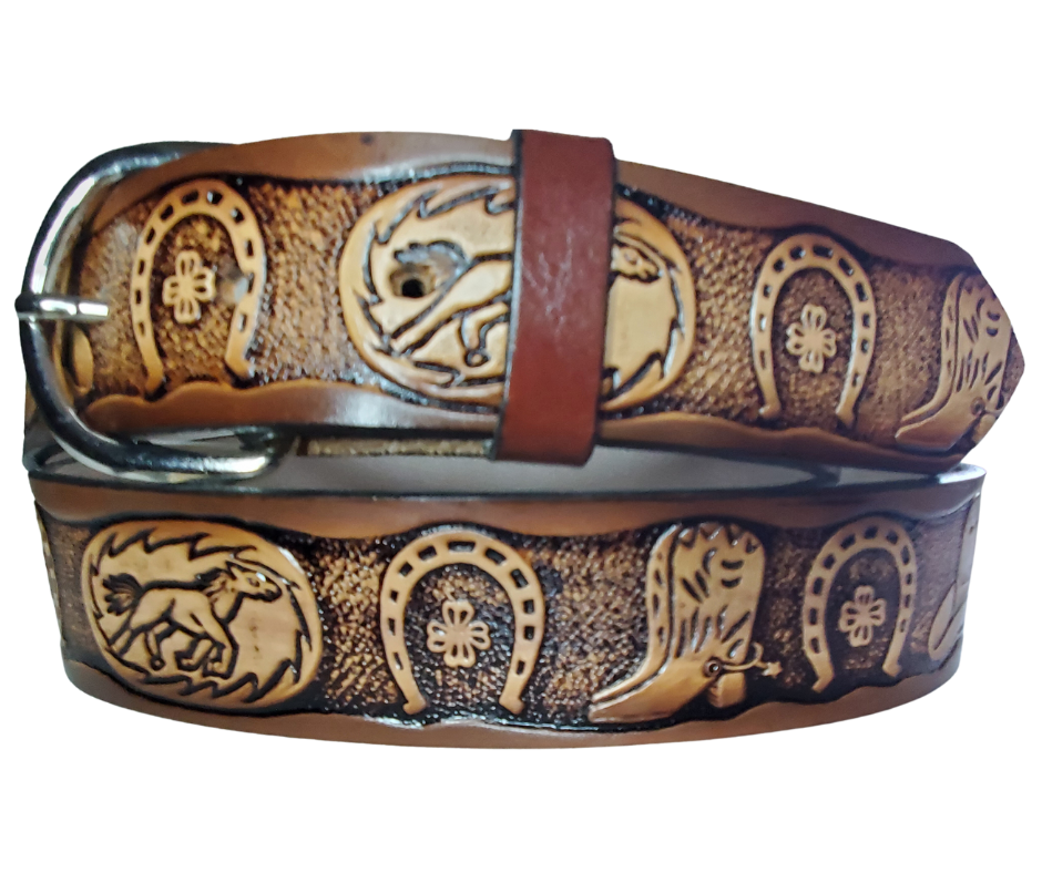 The Boots and Horseshoes leather belt features a classic Western-themed pattern and is constructed from full grain vegetable tanned cowhide. It has a width of 1 1/2" and is fitted with a nickel-plated buckle, along with smooth burnished painted edges. Made in the USA, the belt has a name customization option so Type Name or No Name in the Name here box. Buckle snaps for easy changing. Available for quick shipment from our Smyrna, TN shop.