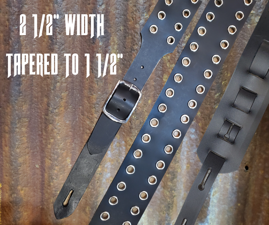 Studs and Eyelets like Marshalls have have been staple for years in Rock music!  "This 2" wide Guitar Strap is a nod to that classic influence. It's made from Pebbled Veg-Tan Cowhide and after some gig's it'll look like you bought in a Vintage shop. The classic adjustment style goes from approx. 42" to 56" at it's longest . Made just outside Nashville in our Smyrna, TN. shop. It will need a bit of time to "break in" but will get a great patina over time.