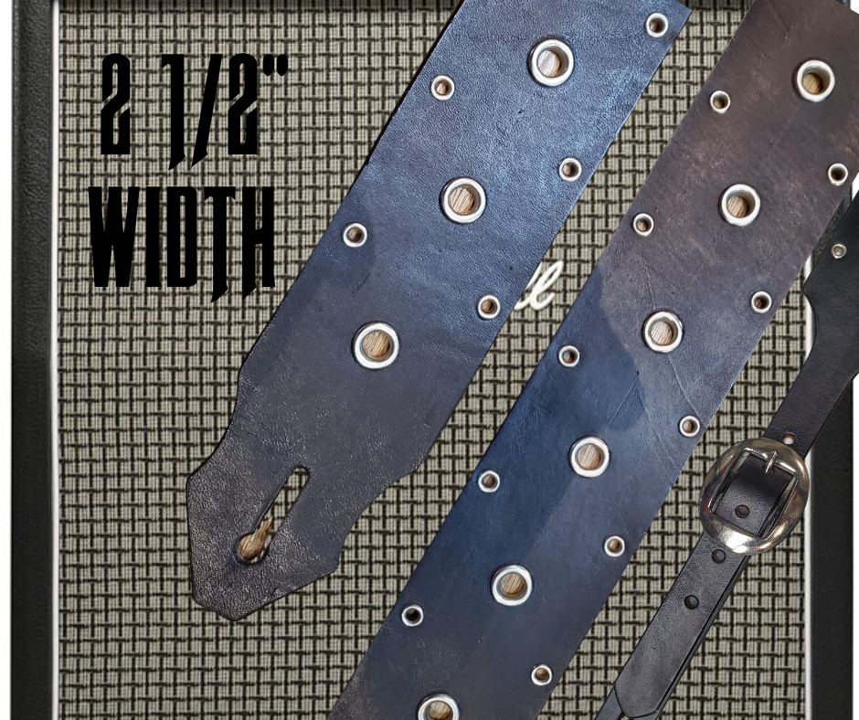 Studs and Eyelets like Marshalls have have been staple for years in Rock music!  "This 2" wide Guitar Strap is a nod to that classic influence. It's made from Pebbled Veg-Tan Cowhide and after some gig's it'll look like you bought in a Vintage shop. The classic adjustment style goes from approx. 42" to 56" at it's longest . Made just outside Nashville in our Smyrna, TN. shop. It will need a bit of time to "break in" but will get a great patina over time.