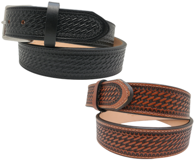This is one of the thickest 1 1/2" belts we stock! Great for carry-conceal and has a nicely embossed basket weave pattern too. Choose a Western influenced or Stainless Steel buckle and keeper that's removable if that's not your thing. But wait there's more! It's available in Black or Tan with stitching down each side.&nbsp; Made in USA by Brighton for Justin and is available in our Smyrna, TN shop.