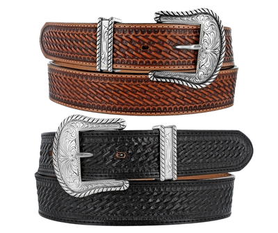 This is one of the thickest 1 1/2" belts we stock! Great for carry-conceal and has a nicely embossed basket weave pattern too. Choose a Western influenced or Stainless Steel buckle and keeper that's removable if that's not your thing. But wait there's more! It's available in Black or Tan with stitching down each side.&nbsp; Made in USA by Brighton for Justin and is available in our Smyrna, TN shop.