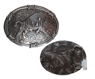 Embrace your inner wild side with this stunning southwestern-style belt buckle, featuring a scroll background, barbwire border, and a majestic bison cast in an antique silver hue. It's 3" X 4" and sized for any 1 1/2" belt available in our Smyrna, TN (near Nashville) store or online.
