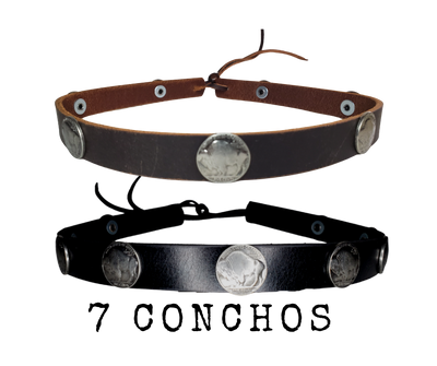 What's more classic than a the Buffalo Nickel? Our 9 Buffalo Nickels leather hatband is 3/4" wide by 23" (without tie string). Available in black or brown, pick one or a few. Fit's most any hat with adjustable bead and leather 1/8" string. Will fit most TOP HAT style and WESTERN crowned hats. Made in our Smyrna Tn. shop.