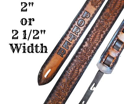 Great Musicians, Singers and great songs just like Porter's have been a staple for years in Nashville. Be on your way starting your journey with this 2"main Body of the Guitar strap is approx. 1/8" thick with a 2 Buffalo Nickels, CUSTOMIZABLE NAME FONT and Patch color. The classic adjustment style goes from approx. 42" to 56" at it's longest . Made just outside Nashville in our Smyrna, TN. shop. It will need a bit of time to "break in" but will get a great patina over time.  