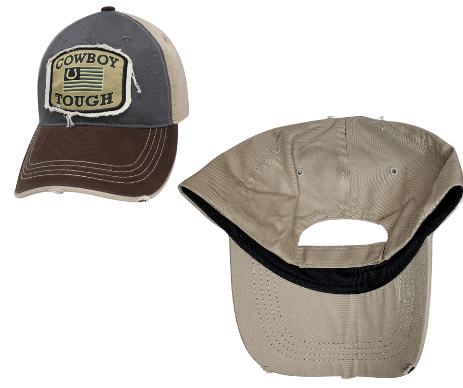 Wear your American Horseshoe Flag Cowboy Tough Distressed Embroidered Trucker Cap with pride! The Charcoal twill front and Tan back feature a Flag graphic with a Brown stitched bill, plus an adjustable snap strap to perfectly fit any size head. Take a short trip outside Nashville to our Smyrna, TN shop and get yours now! COLOR: TAN/GREY/BROWN