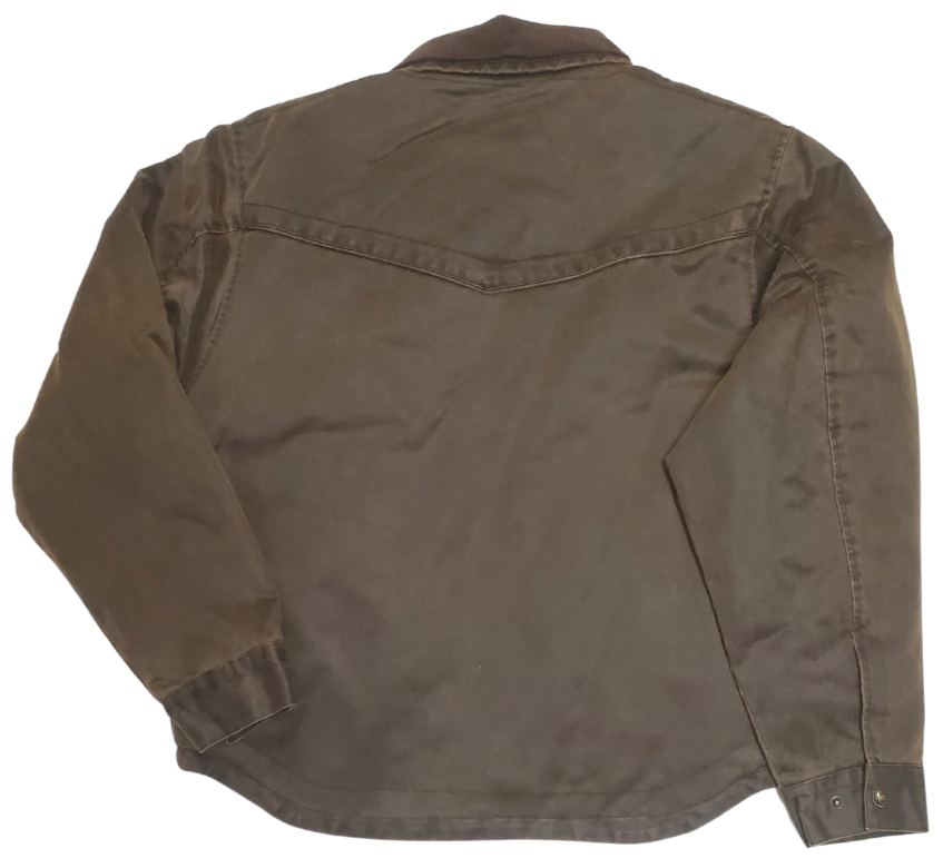 This Western influenced designed men's Ranchwear work jacket is made from enzyme washed Leather look material that's 72% cotton / 28% polyester. The flannel lining and the cord collar keeps your warm on those cold days  It features a carry conceal pocket, and is available in stock at our Smyrna TN shop. This jacket offers that Ranch look even if your downtown Nashville.