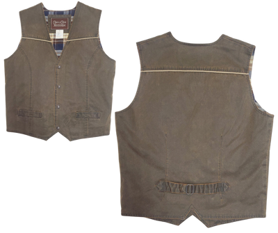 This Western influenced designed men's Ranchwear work vest is made from enzyme washed Leather look material that's 72% cotton / 28% polyester. The snap front, and the cord piping offers the right amount of the Ranch western look.  It's available in S-3XL and is stocked at our Smyrna TN shop. This vest offers that Ranch look even if you live downtown Nashville. 