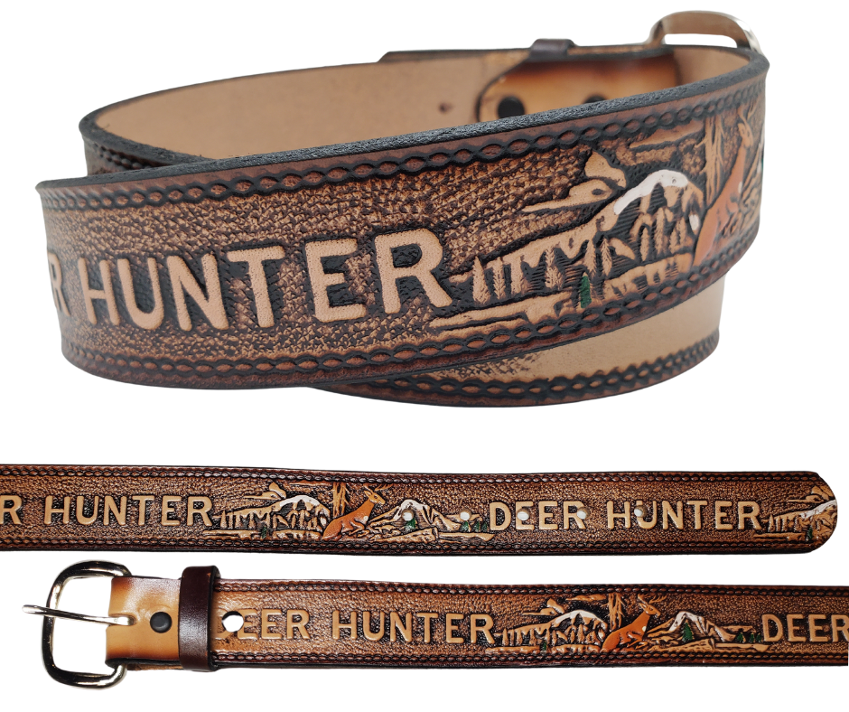 This Buck Fever all leather Name belt features a Deer Hunting pattern in an antiqued finish with a 1 1/2" width. It is crafted from full grain veg-tanned cowhide, with smooth burnished painted edges and a nickel-plated buckle. For customizing, simply type your desired name or No Name in the "Type Name Here" section, the buckle can be easily interchanged as well. This product is in stock at our Smyrna, TN shop.
