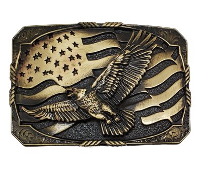 The "Sousa's 1897" Belt Buckle, named after Stars and Stripes song were all familiar with. Antiqued brass finish, embodies the timeless imagery of a iconic eagle and the patriotism of Americans. It effortlessly ties together a 1 1/2" belt and measures approximately 3" x 4" in size, making it the perfect accessory to feel like a true patriot. You can find it online or at our shop in Smyrna, TN, just outside Nashville. Crafted with metal alloy and coated with Montana Armor.