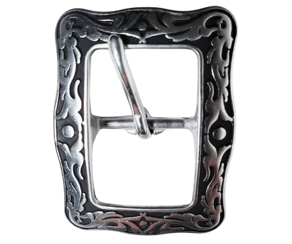 If you need a upgrade for your current belt or want a different look we have a selection of what we call Basic buckles.& Stop in our shop in Smyrna, TN, just outside of Nashville.& This is a Center bar style & with a Western attitude.
Color - Stainless Steel w/ blk accents ,1" width