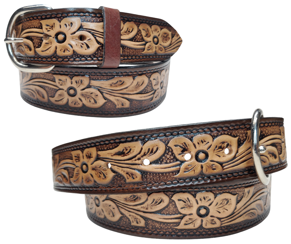 This Dogwood leather belt features Dogwood Blooms in an antiqued Brown finish with a 1 1/2" width. It is crafted from full grain veg-tanned cowhide, with smooth burnished painted edges and a nickel-plated buckle. The buckle can be easily interchanged as well. This product is in stock at our Smyrna, TN shop.