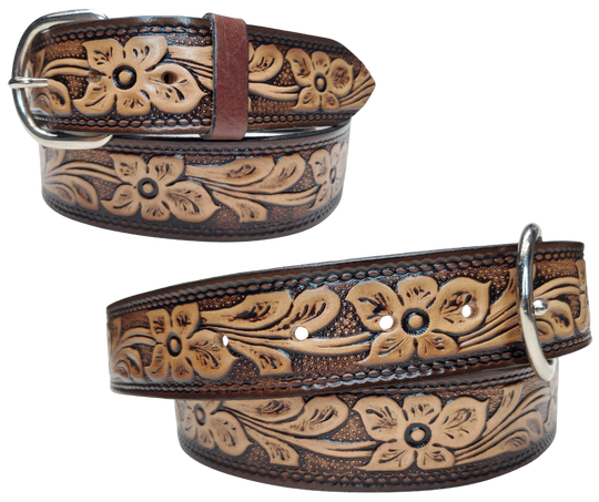 This Dogwood leather belt features Dogwood Blooms in an antiqued Brown finish with a 1 1/2" width. It is crafted from full grain veg-tanned cowhide, with smooth burnished painted edges and a nickel-plated buckle. The buckle can be easily interchanged as well. This product is in stock at our Smyrna, TN shop.