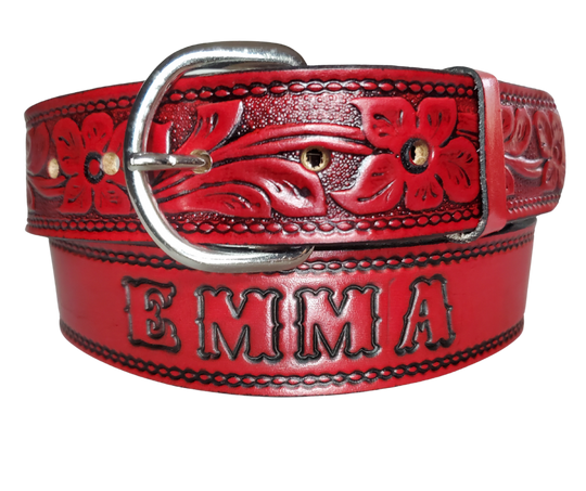 The Dogwood leather belt is the Iconic Flower Pattern with Deep Red Antiqued finish. Available in a 1 1/2" width. Full grain vegetable tanned cowhide, Width 1 1/2" and includes Nickle plated  buckle Smooth burnished painted edges. Made in USA! For name Type name or No Name in "Type Name Here" section, Buckle snaps in place for easy changing if desired. In stock at our Smyrna, TN shop.