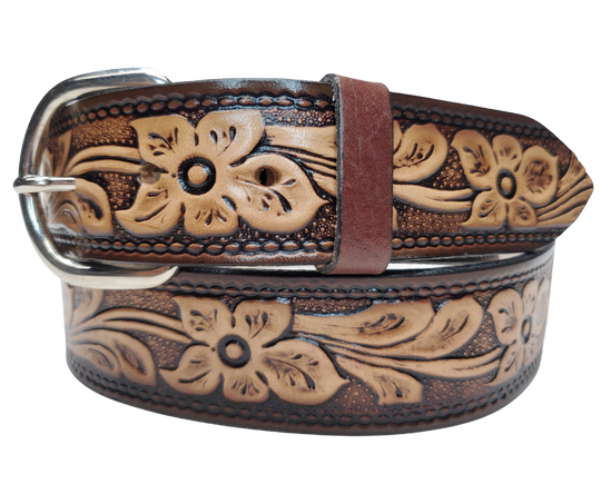 This Dogwood leather belt features Dogwood Blooms in an antiqued Brown finish with a 1 1/2" width. It is crafted from full grain veg-tanned cowhide, with smooth burnished painted edges and a nickel-plated buckle. The buckle can be easily interchanged as well. This product is in stock at our Smyrna, TN shop.