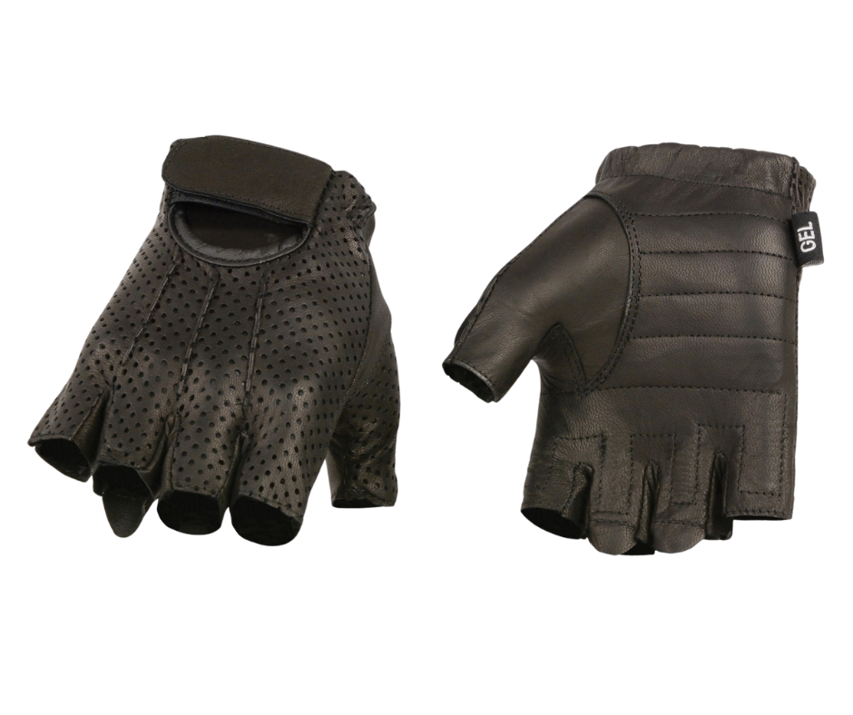 Fingerless Leather motorcycle riding gloves W/ ‘Welted Perforated Leather’. They are available in Unisex sizing XS-5X and velcro wrist closure. They are available in our shop just outside Nashville in Smyrna, TN.