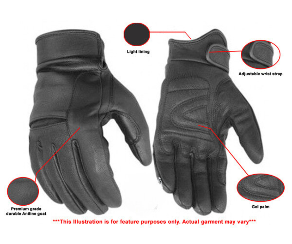 Men’s light lined Cruiser glove made in premium aniline drum dyed naked goat featuring a Comfort knuckle design, adjustable wrist strap and gel palm for those long rides, Available in XS-3X sizing. Available for purchase in our retail shop in Smyrna, TN, just outside of Nashville. 