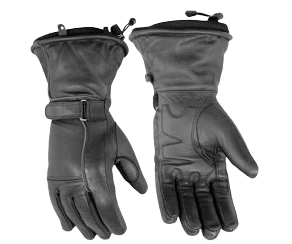 Women’s Premium Gauntlet Waterproof Cowhide Leather with Thermal Lining, Reflective piping for nigh time rides, gel palm, Zippered Wrist Closure. With Gauntlets you are able to have your jacket sleeves up into glove to keep cold air from going up your sleeves. Unisex sizing XS - 3X. Available in our shop in Smyrna, TN, just outside of Nashville.