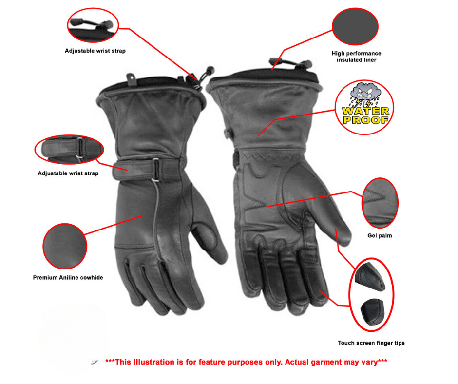 Women’s Premium Gauntlet Waterproof Cowhide Leather with Thermal Lining, Reflective piping for nigh time rides, gel palm, Zippered Wrist Closure. With Gauntlets you are able to have your jacket sleeves up into glove to keep cold air from going up your sleeves. Unisex sizing XS - 3X. Available in our shop in Smyrna, TN, just outside of Nashville.