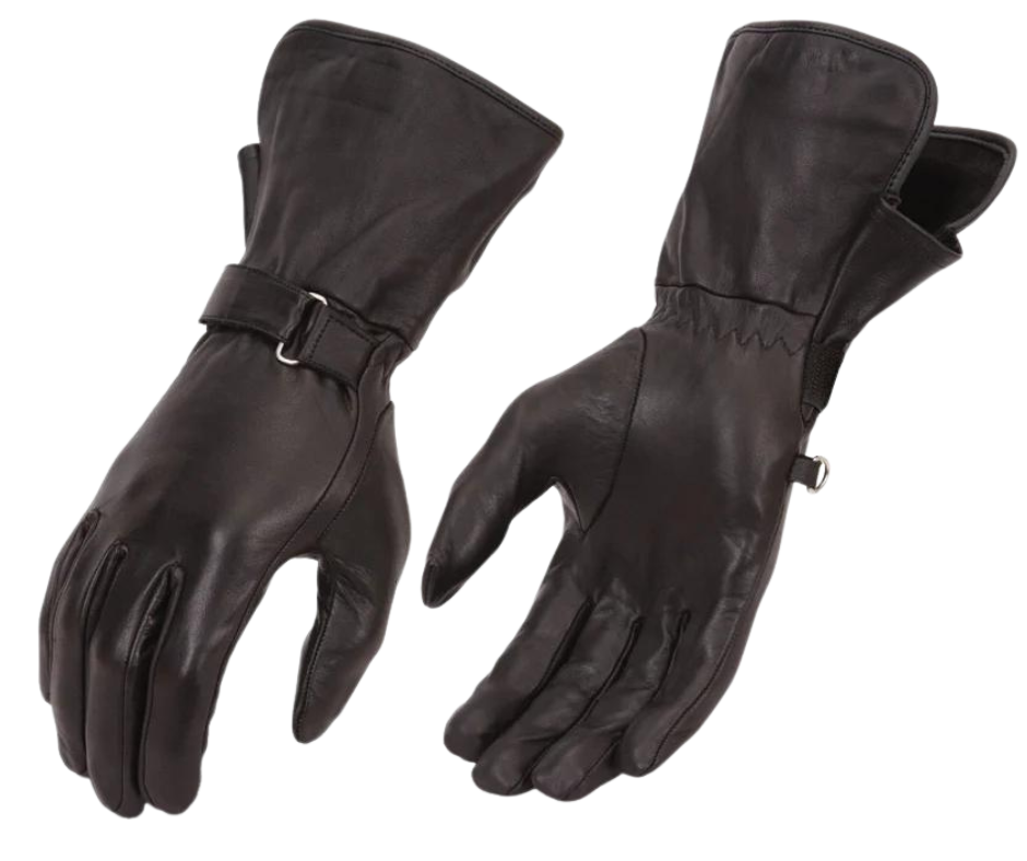 Women's Motorcycle Leather Gauntlets Gloves are great for cold weather riding, with a long cuff to keep the wind out of your sleeves. The gloves are lightweight, and lined, naked cowhide with an adjustable wrist strap. Ride over to Smyrna, TN a short ride from downtown Nashville and take a look. Naked Cowhide Lightweight Lined Adjustable wrist strap