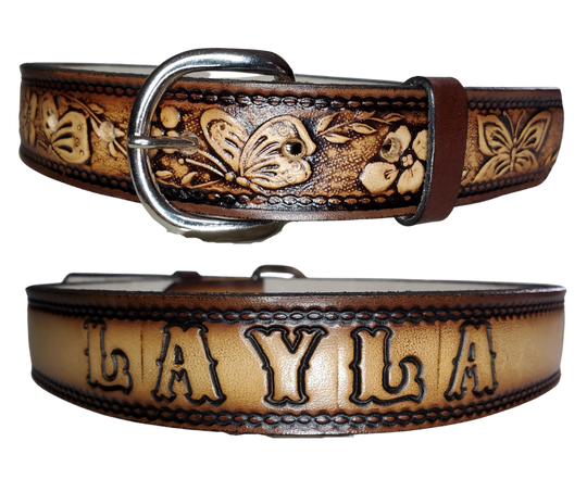 This Western styled leather Kid's belt features beautiful Flowers and Butterfly pattern that is sure to draw attention. The easy-change metal buckle makes for comfortable wear and makes it easy to add your own buckle. Perfect for adding a unique touch to any Kid's wardrobe. This belt is stocked in our shop outside Nashville in Smyrna, TN.